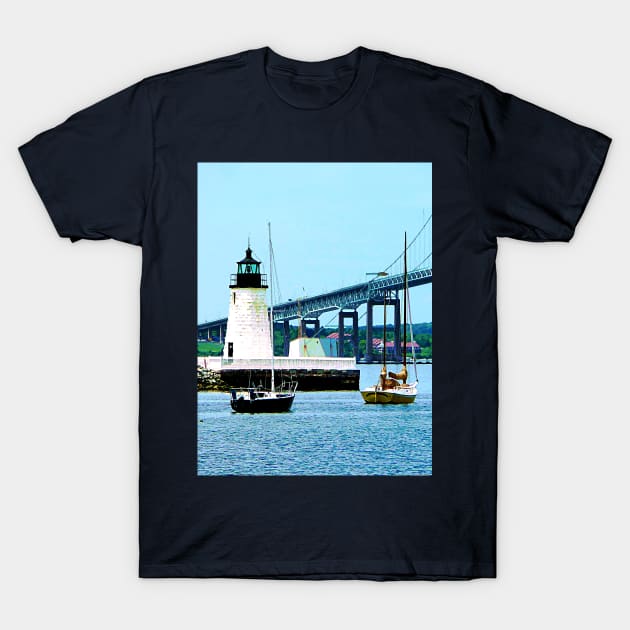 Newport RI -  Lighthouse Bridge and Boats T-Shirt by SusanSavad